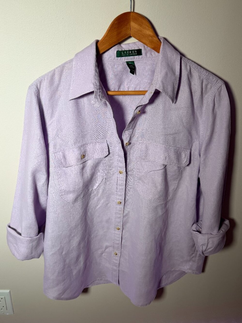 Lauren Ralph Lauren 100% Linen Button Down Shirt Lilac Roll Tab Sleeve XL